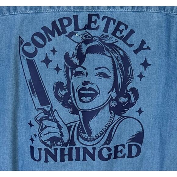 Retro Housewife Unhinged Chambray Button Down Shirt MEDIUM Oversized Unique - Picture 1 of 6